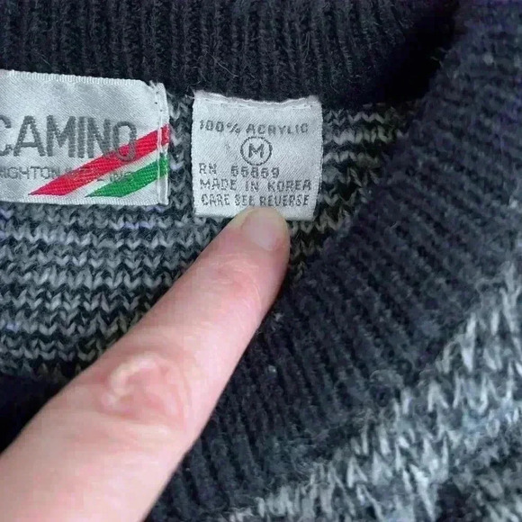 Vintage 80s Uno Camino Rare Men’s M Knit Sweater Black White Mountain - Picture 5 of 9